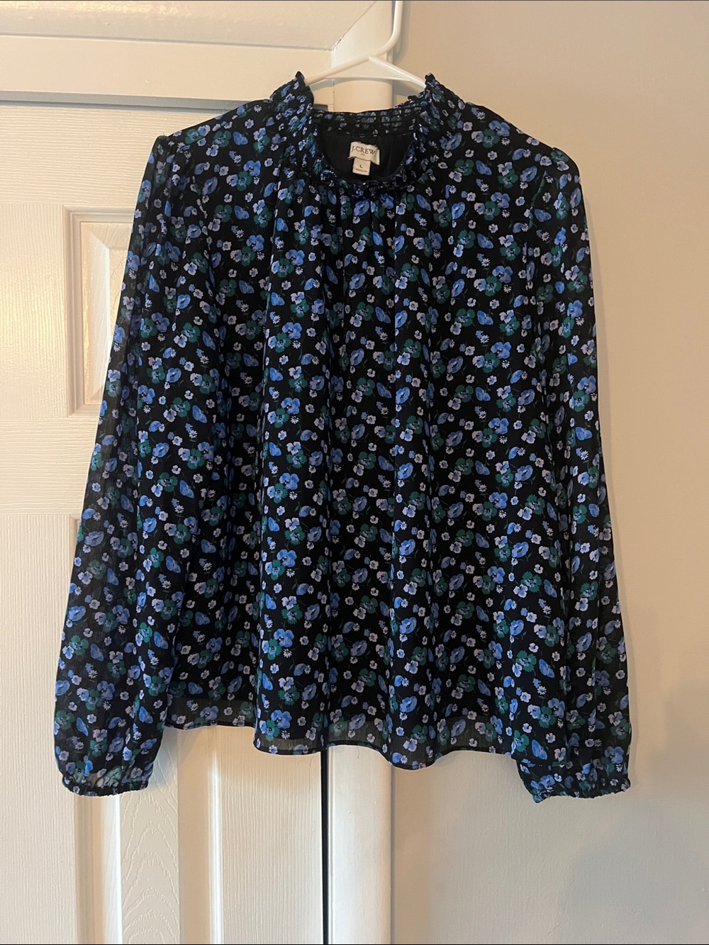 J Crew Black Blouse with Blue Floral Print and Ruffle Neck